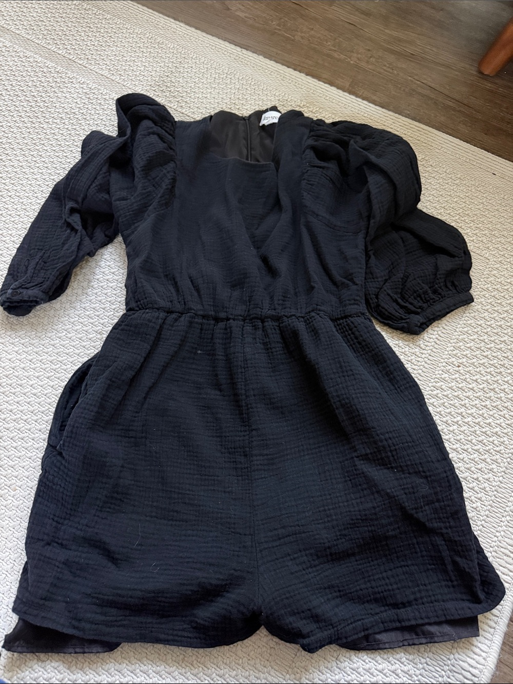 Girls Black Puff-Sleeve Romper Dress